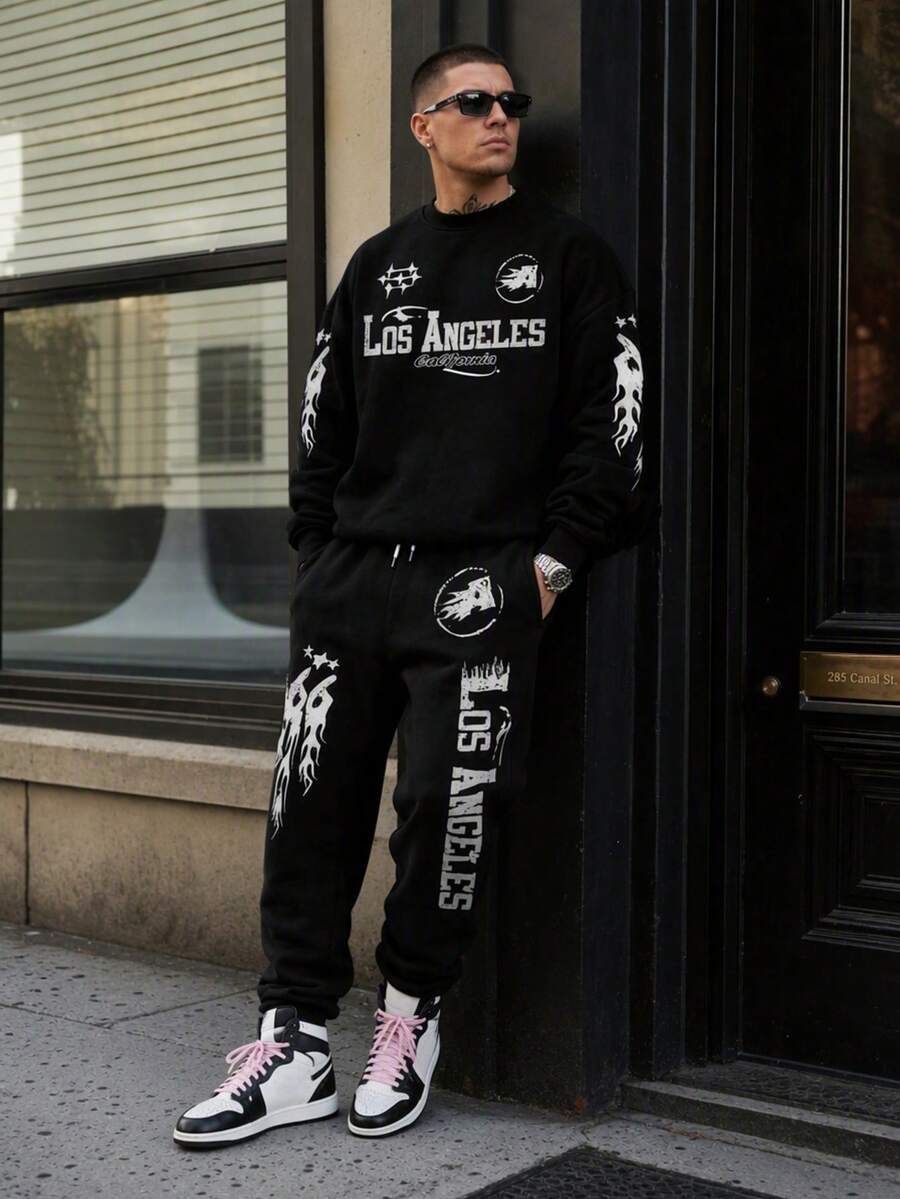 Men's Fashionable Graphic & Letter Print Crew Neck Pullover Sweatshirt Set - Multicolor - View 1