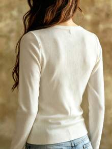 Women's Autumn/Winter Sexy Mesh Patchwork V-Neck Ribbed Long Sleeve Top, Slim Fit Slim Fit Elastic Knit T-Shirt, Pure White - White - View 3