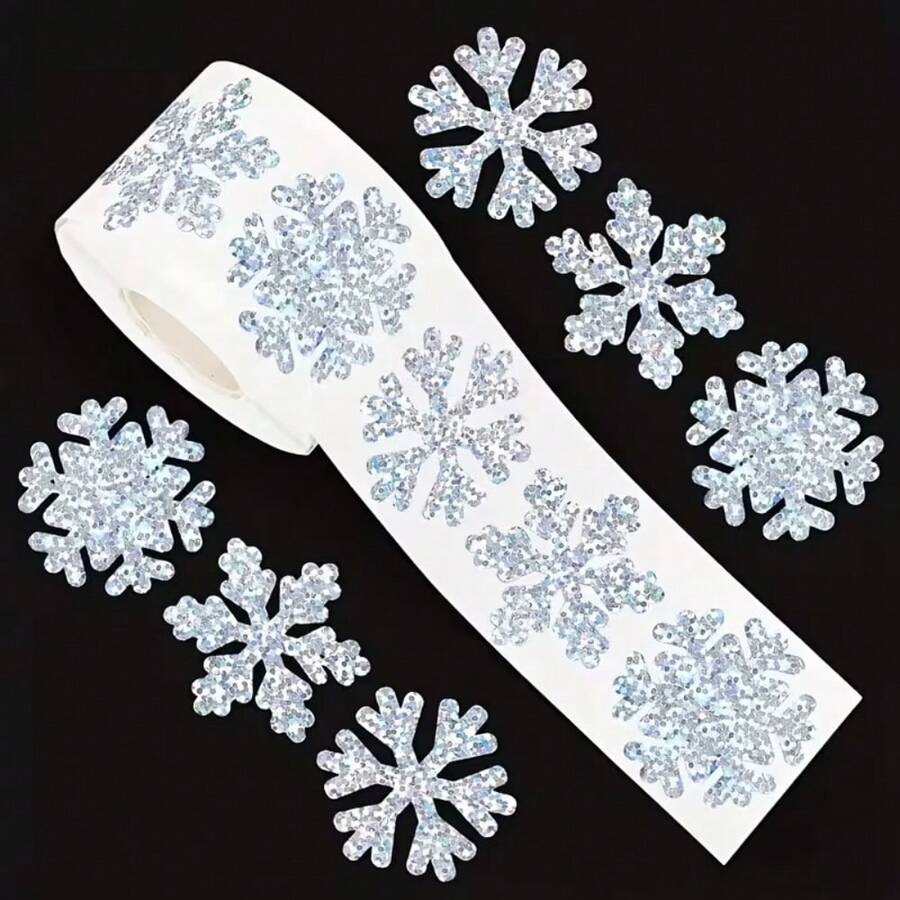 雪花貼紙捲 聖誕貼紙 3款設計 適用於聖誕禮物標籤、信封裝飾、日記本裝飾、節日圖案,高光澤效果,手工雷射銀色封印防水自黏貼紙,高品質印刷 - 均碼 - 查看 1
