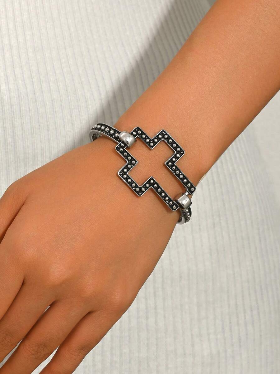 1pc Fashion Vintage Punk Gothic Style Alloy Open Cross Bracelet, Suitable For Women, Gift, Best Friend, Mother's Day, Daily Wear - Antique Silver - View 1