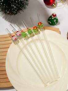 6PCS Clear Bent Glass Straw With Santa Christmas Tree Wreath Decor, Reusable Drinking Straw For Hot Cold Drinks Juice Milk Tea, Suitable For Wedding Birthday Party, Holiday Gift For Lovers Friends, Christmas Halloween Thanksgiving Back To School - Clear - View 4