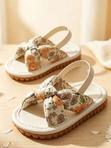 1 Pair Girls' Floral Fabric Bow Back Strap Non-Slip Flat Open Toe Sandals For Summer Daily Wear - Apricot - View 3