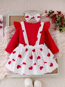 Set Baju Bayi Perempuan Lengan Panjang Bergaris Merah dengan Rumbai dan Lapisan Mengembang, Atasan Kaos + Rok Pendek Berenda Motif Hati Putih dengan Dua Lapisan dan Tali Pengikat + Ikat Rambut Pita yang Serasi, Set Musim Semi/Gugur yang Lucu - Merah - View 4