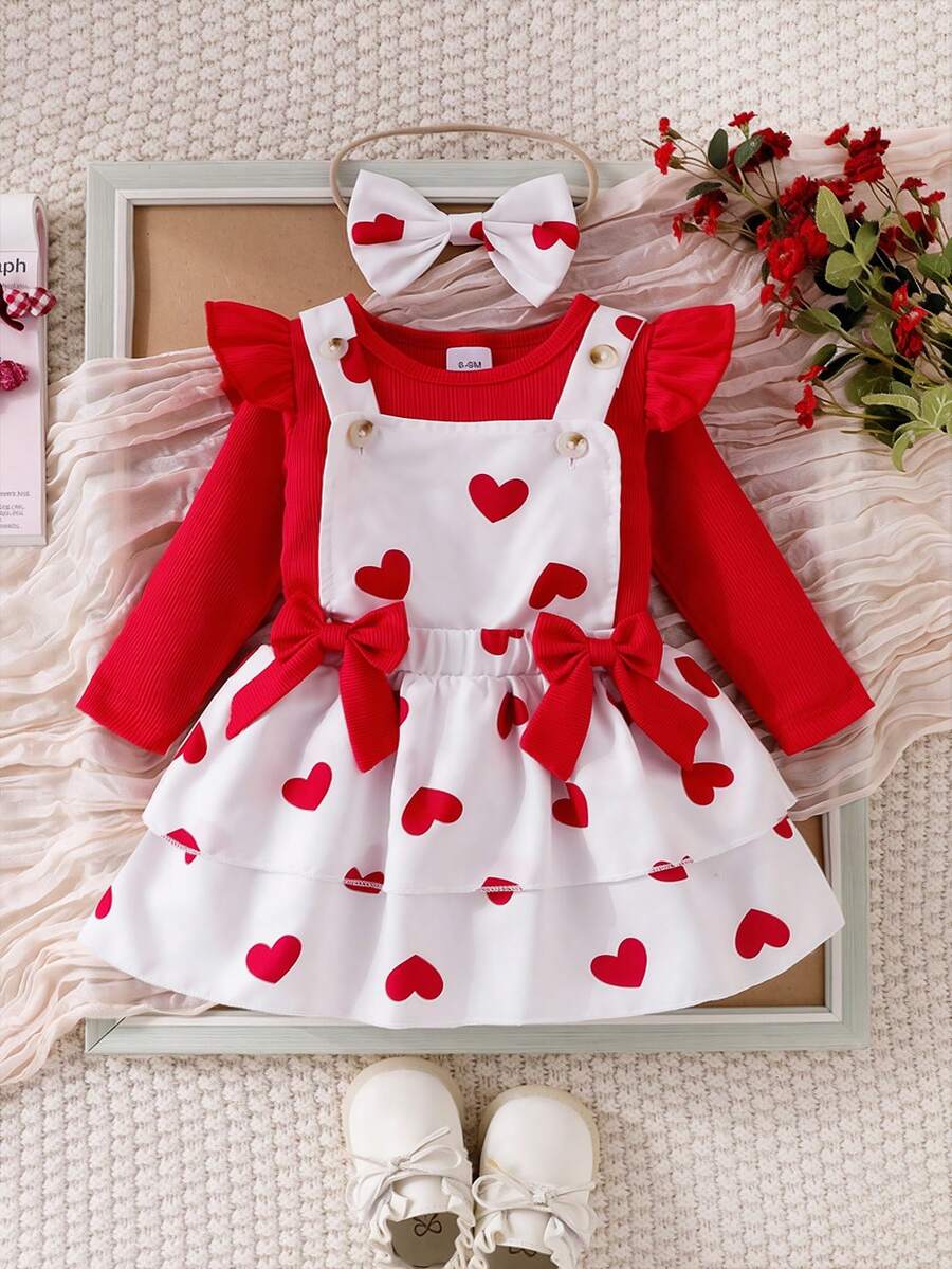 Set Baju Bayi Perempuan Lengan Panjang Bergaris Merah dengan Rumbai dan Lapisan Mengembang, Atasan Kaos + Rok Pendek Berenda Motif Hati Putih dengan Dua Lapisan dan Tali Pengikat + Ikat Rambut Pita yang Serasi, Set Musim Semi/Gugur yang Lucu - Merah - View 1