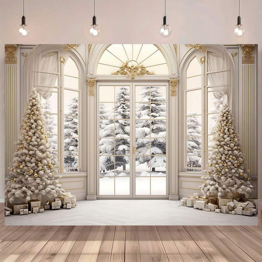 1 Piece Of Christmas Background Cloth, White Gold Indoor Snow Scene Christmas Tree Background, Christmas Photography Prop, Suitable For Decorating Birthdays, Showers, Weddings, And Family Events. - Multicolor - View 1