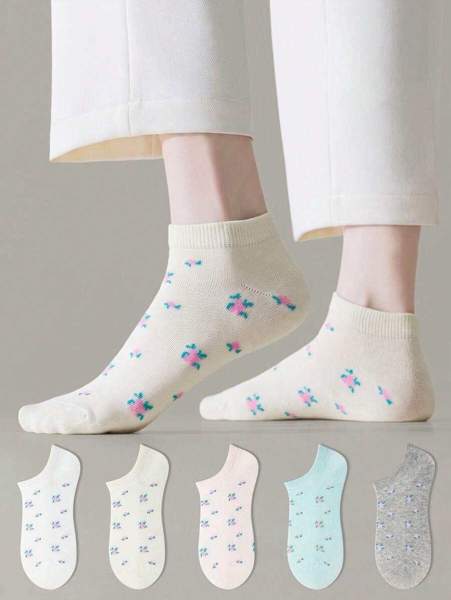 ZUJO 5 Pairs Women's Candy Color Short Socks, Floral Pattern, Suitable For Daily Wear, Simple And Comfortable, Random Colors - Multicolor - View 1