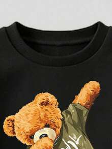 Young Boy Bear Print Crew Neck Sweatshirt And Sweatpants Casual Set - Army Green - View 4