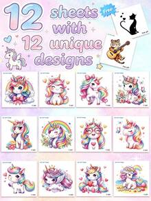 STARTTOOS 12pcs/12 Sheets Heart Rainbow Unicorn Combination Pattern Temporary Tattoo Stickers, Children DIY Birthday Party Christmas Gift Arm Body Waterproof Temporary Tattoo Stickers - Multicolor - View 2
