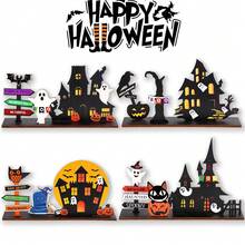 1件萬聖節木製手工城堡桌面裝飾品，節日居家裝飾立架展示，南瓜幽靈裝飾 - 彩色 - 查看 10
