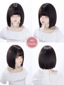 alicegarden 12-Inch Long Synthetic Short Bob Wig Featuring A Natural Straight Style A Stunning Black-Brown. Designed With Bangs , This False Hairpiece Is Perfect For Ms Daily Party Cosplay Use, Offering A Natural And Natural Durable Wig Gift For Ladies., Halloween - Black Brown - View 8