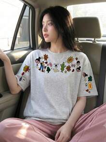 New Summer Gen Z Y2K Style Girls Fun Cartoon Sleeve Print Crew Neck Short Sleeve T-Shirt Casual Vacation - Light Gray - View 3