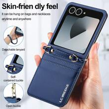 OUKNOEO 磁吸翻蓋人造皮革手機殼,適用於 Galaxy Z Flip 8 7Fe 6 5 4,時尚錢包式手機殼,附長短掛繩,RFID 防盜刷,2 個卡槽容量 - 藍色 - 查看 7