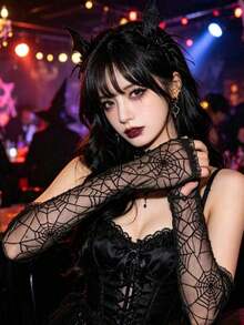 1 Pair Black Spider Web Lace Fingerless Gloves With Ruffled Half-Finger Lace Long Arm Sleeves, Gothic Punk Style Arm Warmers, Halloween Accessory, Suitable For Halloween Wear - Black - View 1