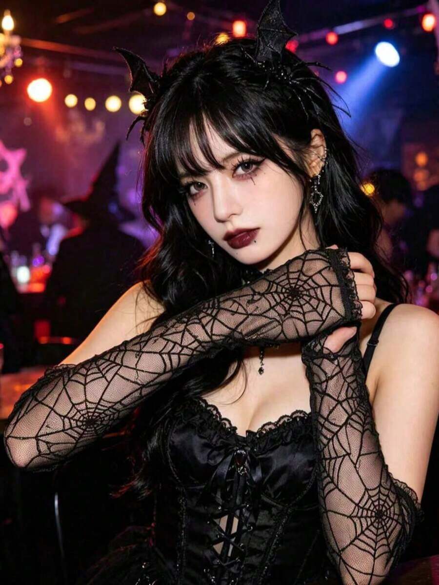 1 Pair Black Spider Web Lace Fingerless Gloves With Ruffled Half-Finger Lace Long Arm Sleeves, Gothic Punk Style Arm Warmers, Halloween Accessory, Suitable For Halloween Wear - Black - View 1