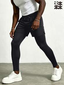 mulinsen Men's 2-In-1 Running Compression Shorts Layered Design Elastic Quick-Dry Training Tight Pants - Black - View 2