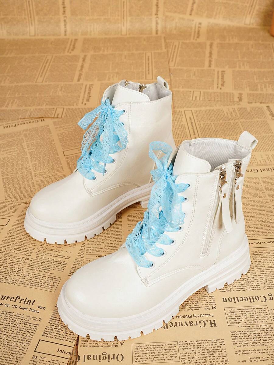 1 Pair New Autumn/Winter Fashion Ankle Boots, Round Toe Colorful Lace-Up Women's Motorcycle Boots For Outdoor Activities, Street Style Versatile Boots, White Women's Ankle Boots That Can Be Paired With Various Outfits - White - View 1