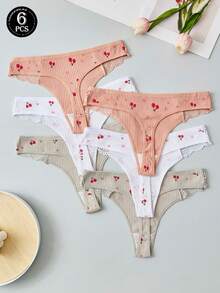 6pcs Women's Pure Cotton Panties, Cute Fruit Print Cherry Pattern, Low Waist Design, Home Style Women's Thongs - Multicolor - View 2