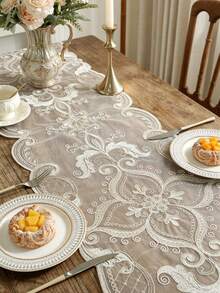 100% Polyester Vintage French Diamond Round Table Runner, Full-Width Paisley Floral Embroidery, Wavy Lace Edge, Transparent Table Mat, Suitable For Bridal Breakfast Table, Country Cottage Kitchen Decor - Multicolor - View 5