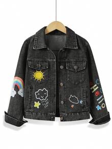 Tween Girls Y2K Style Denim Jacket And Coat, Big Tween Girl Retro Black Denim, Cartoon Rainbow Letter Print, Multi-Pocket Single-Breasted Open Front Lapel Long Sleeve Top, Suitable For Spring Summer Autumn Winter, Daily Wear, School, Commuting - Black - View 1