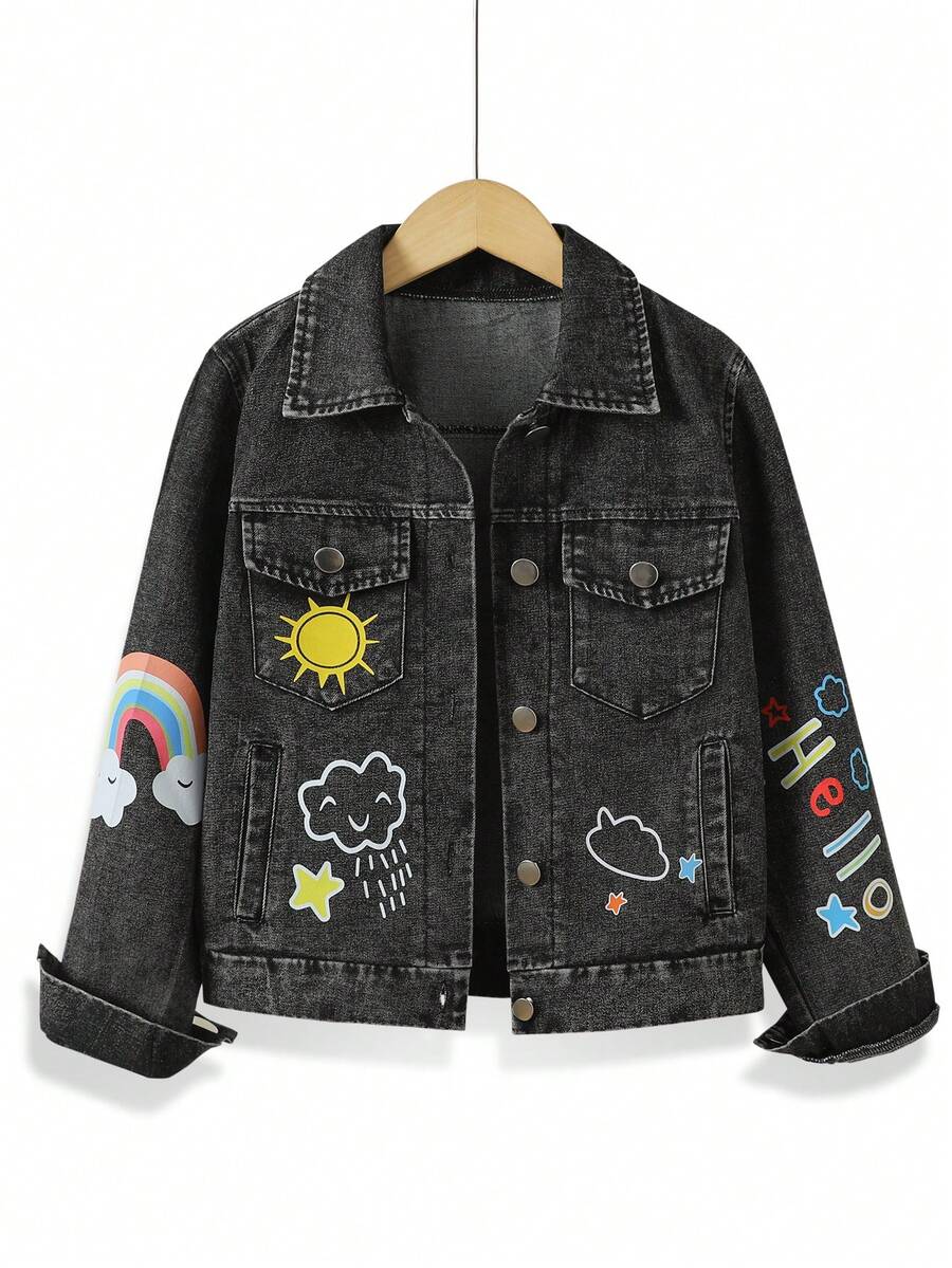 Tween Girls Y2K Style Denim Jacket And Coat, Big Tween Girl Retro Black Denim, Cartoon Rainbow Letter Print, Multi-Pocket Single-Breasted Open Front Lapel Long Sleeve Top, Suitable For Spring Summer Autumn Winter, Daily Wear, School, Commuting - Black - View 1