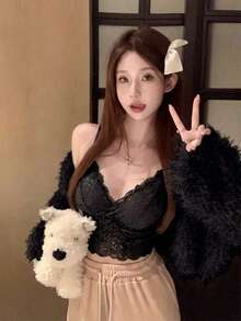 性感蕾絲V領內建胸墊背心上衣，優雅短版修身顯瘦背部修飾背心，黑色 - 黑色 - 查看 2