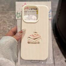 1pc TPU Material Pink Striped Book & Coffee Pattern Phone Case Compatible With IPhone 17 Pro Max/17/16 Pro Max/15/13/12/11/ S20 FE/A15/S24/A55/ Note 11/Note 12/Note 13 Pro Full Coverage Anti-Drop Soft Shell Protective Cover - White - View 1