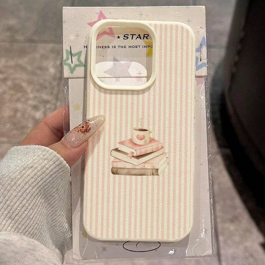1pc TPU Material Pink Striped Book & Coffee Pattern Phone Case Compatible With IPhone 17 Pro Max/17/16 Pro Max/15/13/12/11/ S20 FE/A15/S24/A55/ Note 11/Note 12/Note 13 Pro Full Coverage Anti-Drop Soft Shell Protective Cover - White - View 1