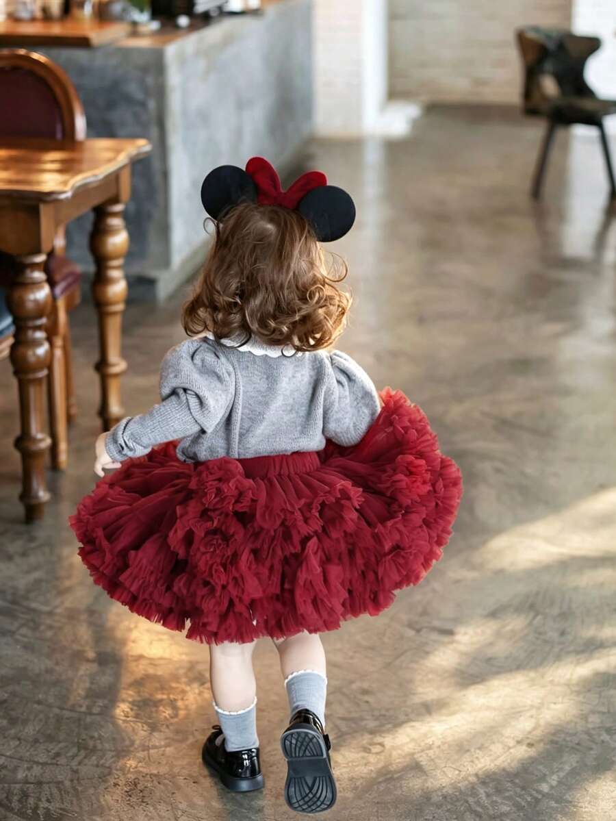 1pc Girls Cute Fancy Dreamy Sweet Princess Heavy Work Layered Ruffled Tulle Cake Skirt Tutu Skirt Birthday Gift Christmas Thanksgiving New Year Party All Season Wear - Burgundy - View 1