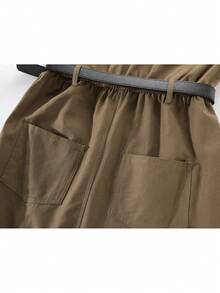 Women's Frill Trim 2 In 1 Patchwork Casual Daily Long Dress - Coffee - View 4