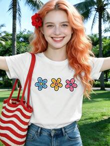 Women's Floral Print T-Shirt, 100% Cotton, Loose Fit, Breathable, Hip-Hop Street Style, Graphic Design. - White - View 6