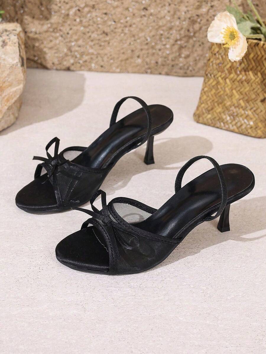 Square Toe Thin Heel Back Strap Fashion Peep Toe Sandals Outdoor Wear Women's Sexy Open Toe Bow Knot Square Toe High Heel Sandals - Black - View 1