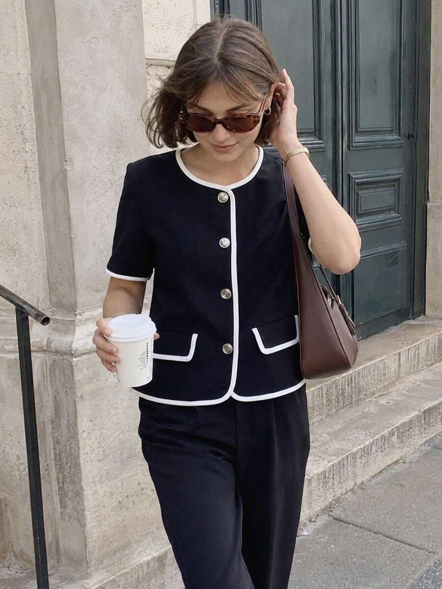 Women's Contrast Color Short Jacket, Spring/Summer Short Sleeve Suit Set, Casual Outerwear, Blue Short Jacket, Elegant Short Jacket For Women - Navy Blue - View 1