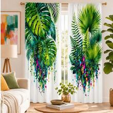 2pcs Creative Pixel Drip Watercolor Tropical Green Plant Pattern Printed Semi-Sheer Curtains, 90GSM Polyester Semi-Sheer Privacy Protection, Easy Installation, Quick Dry, Fade-Resistant, Lightweight Removable Washable Curtains, Suitable For Home, Room, Kitchen Partition Or Decoration - Multicolor - View 1