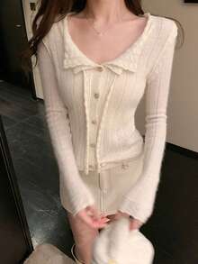 French Vintage Style Polo Collar Ruffle Trim Knit Cardigan Sweater For Women, Autumn/Winter Elegant Small Lapel - Apricot - View 3
