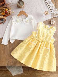 Girls Peter Collar Long Sleeve Base Layer Top & Yellow Jacquard Tank Dress 2pcs Set, Cute Casual Spring/Autumn - Yellow - View 2