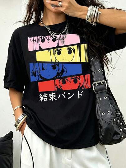 Bocchi The Rock! Kessoku Band Four Girls Panel Anime T Shirt Japanese Rock Manga Pastel Color Character Print 100% Cotton Tee