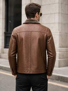 Men's Brown Faux Leather Jacket, Regular Fit, Lapel Collar With Fur Trim, Long Sleeve Zipper Closure, Warm Casual Coat - Brown - View 2