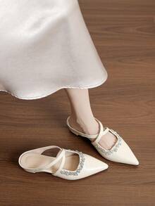 French Style Rhinestone Criss-Cross Strap Pointed Toe Backless Loafers, Glossy Toe Cap Design, 5cm Comfortable Wedge Heel Soft Sole Slip-On Mule Shoes For Party, Commute And Multi-Occasion Wear Women's Shoes - Apricot - View 6