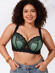 Plus Size Floral Lace Underwire Bra, Wide Strap Comfortable Style, Full Coverage Design, Exquisite Lace Details, Supportive Underwire For Lifted Bust - Mint Blue - View 3