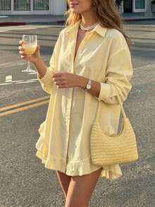 Women's Plus Size Yellow Shirt Dress, Classic Collar Design, Long Sleeve, Front Button Closure, Double Layer Ruffle Hem, Loose Fit, Suitable For Beach Vacation As Casual Outerwear Or Robe-Style Dress - Yellow - View 3