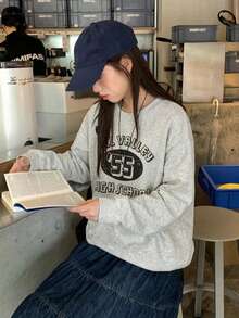 Solid Color Vintage Print Crew Neck Sweatshirt For Women - Grey - View 8