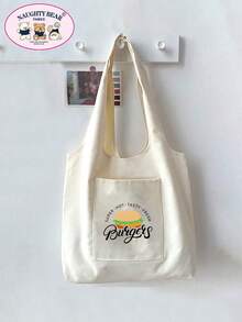 Fashionable Minimalist Versatile Cartoon Print Canvas Bag - Beige - View 3