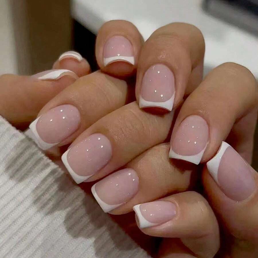 Elevate Your Look 24PCS Short Square White French High-Quality New Process Full Cover Nail Set, Suitable For Women And Girls For Daily Wear - Multicolor - View 1
