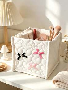 Heart-Shaped Quilted Fabric Storage Basket With Pearl Bow, Desktop Makeup Bag, Cute Bow Storage Box, Makeup Brush Holder, Stationery Organizer, Birthday Gift - Multicolor - View 9
