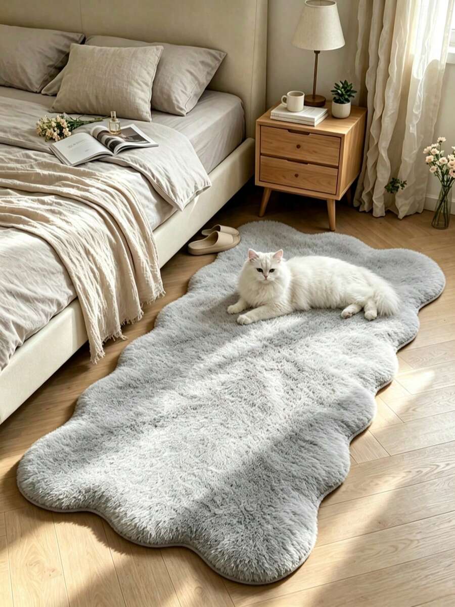 1pc Light Gray Wavy Edge Asymmetrical Area Rug, Decorative Carpet, Floor Mat, Living Room Rug, Bedroom Rug, Universal Carpet - Light Grey - View 1
