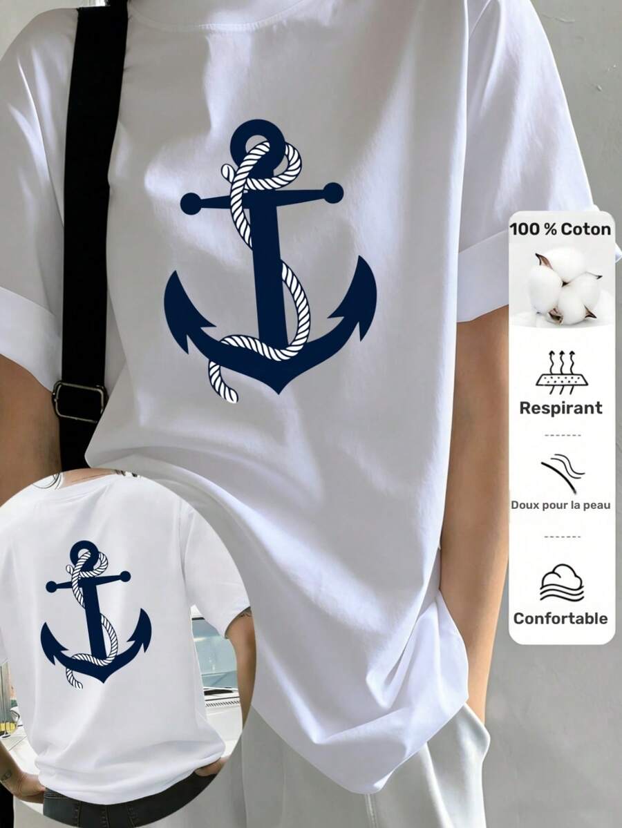 Casual Unisex Printed T-Shirt, Short Sleeve Crew Neck, Blue With White Rope Anchor Pattern, Spring Summer Autumn Wear, Local Shipping - 白色 - 查看 1