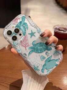 1 buah Casing Ponsel Ins Cream Edge Motif Kura-kura Hijau Menawan, Kompatibel dengan 17 16 15 14 13 12 11 Pro Max, Pelindung Ponsel Transparan Tahan Air, Tahan Guncangan, dan Tahan Gores - MultiWarna - View 4