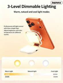REMAX Magnetic Phone Fill Light With Built-In Makeup Mirror, 360° Rotation, 750mAh Long Battery Life, 3-Color Adjustable Warm/Cool Light, Portable Selfie & Live Streaming Light - White - View 3