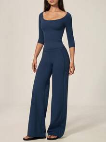 TimeOff Women's One Set Solid Color Oversized Scoop Neck Mid-Sleeve T-Shirt Wide Leg Pants Sports Set - Blue - View 7