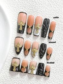 10件組 Y2K 千禧風手工穿戴甲，Polygel 凝膠美甲套組，十字圖案，黑金配色，甜酷女孩風，附美甲工具，3種尺寸可選，杏仁甲、鴨嘴甲、棺材甲，適合派對、跳舞、日常配戴 - 彩色 - 查看 1